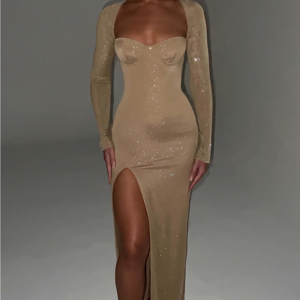 NWT- Gold sparkle mesh maxi dress with high slit. Perfect for special occasions